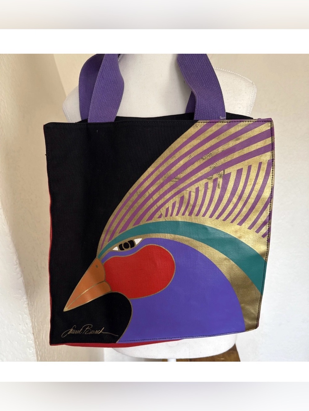 Laurel Burch Canvas Tote Bag Vintage 1980s 1990s Bird Black Red Handbag